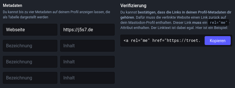 Verifizierung im Mastodon-Profil